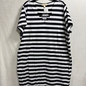 Michael Kors Women's 3X T-Shirt Dress Black White Striped Short Sleeve V-Neck